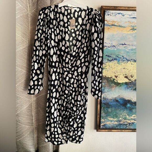 Maje Mini Dress Size 6 Rosima Black & White Ruched Wrap Front Long Sleeve NWT - Picture 5 of 16
